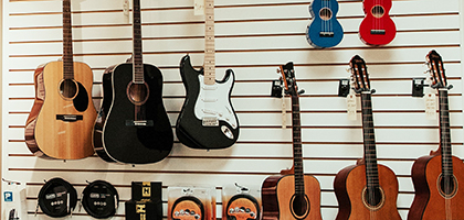 Guitars hanging on a wall